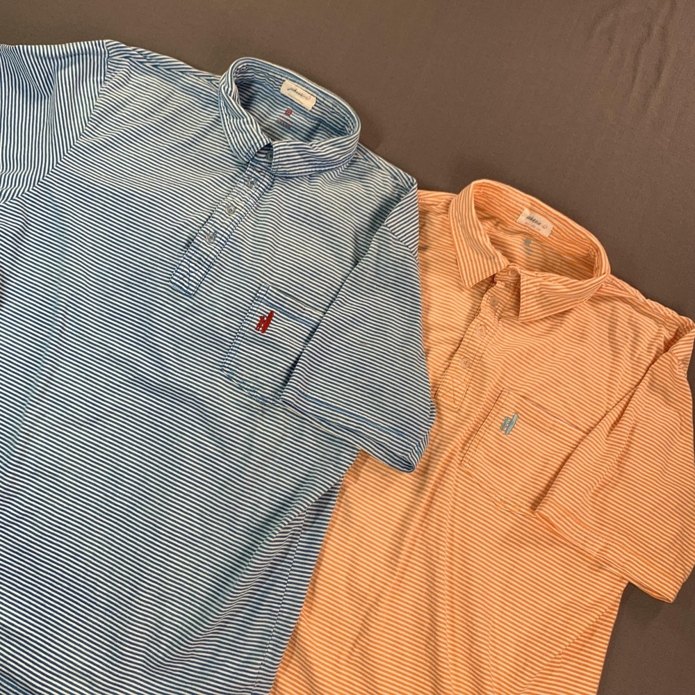 Johnnie-O Polo Shirts Mens XL Blue Orange Stripe Pocket Surfer Logo‎ Lot 2 Golf